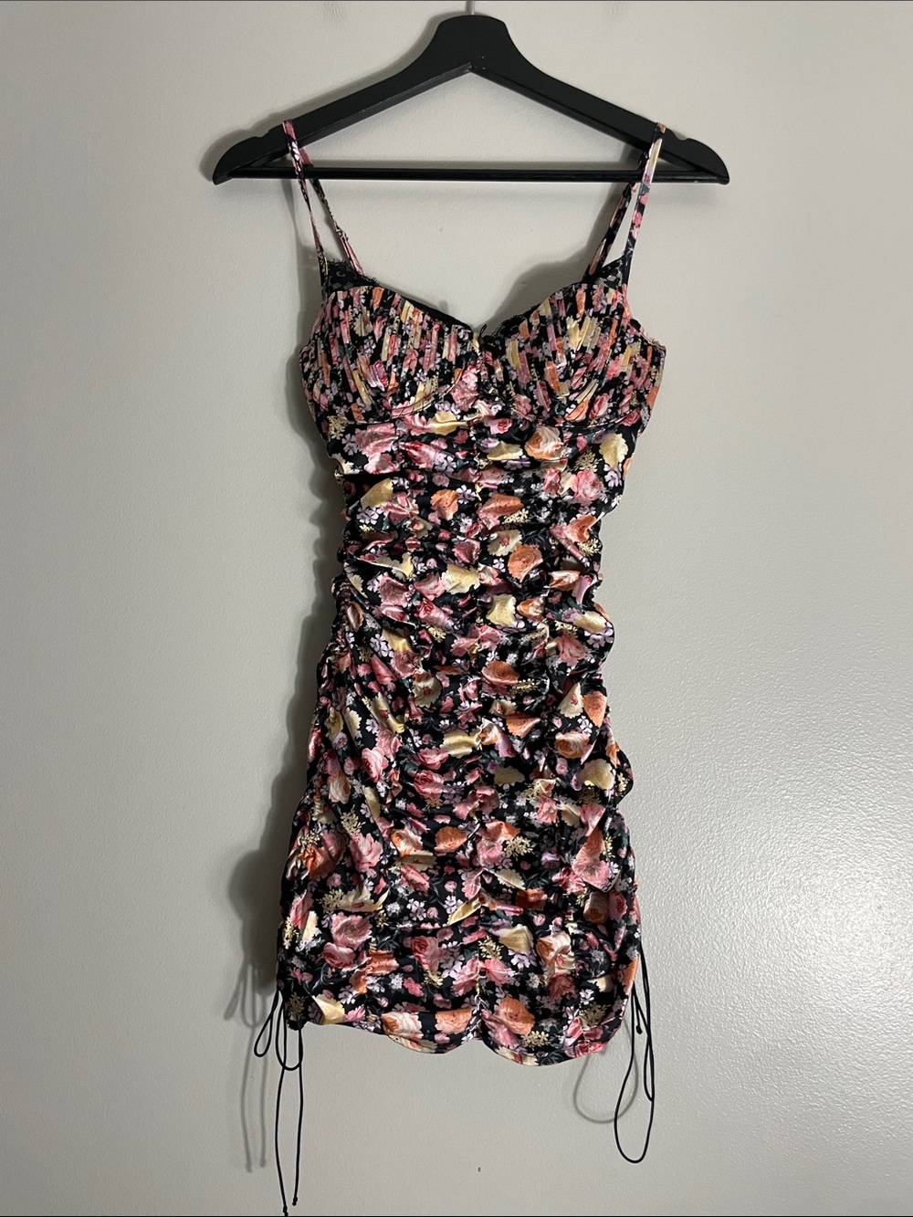 For Love And Lemons Black Floral Ruched Mini Dress with Pink & Yellow Accents